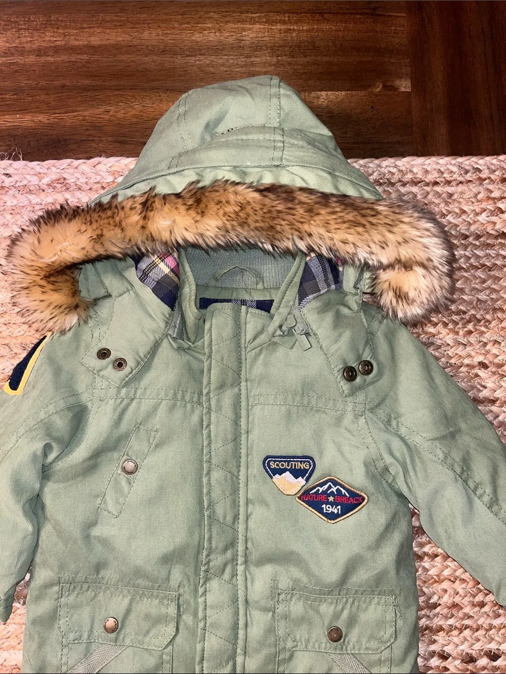 Mayoral Sage Green Hooded  Coat with Faux-Fur Trim size 6m